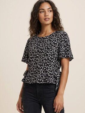 Zara Boutique Black & White Abstract Print Flutter Sleeve Side Tie Blouse Top M